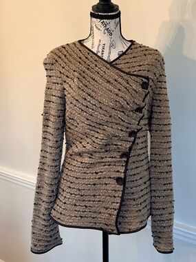 Y2K Textured Taupe & Black Trim Women's Button-Front Sweater Alberto Makali